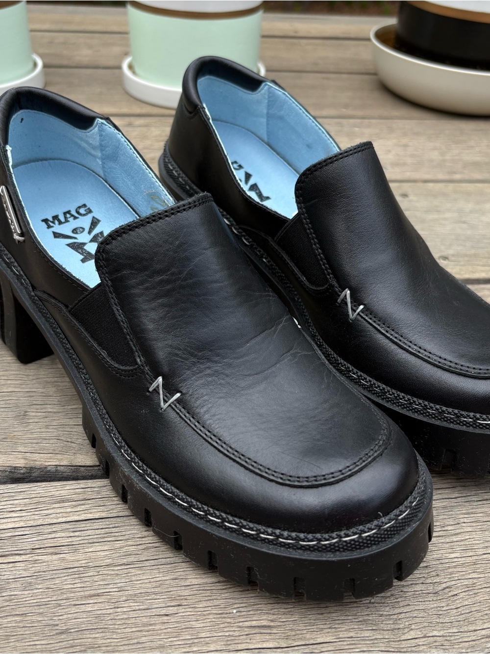 New MAG Black Leather Lug Sole Slip-On Mules